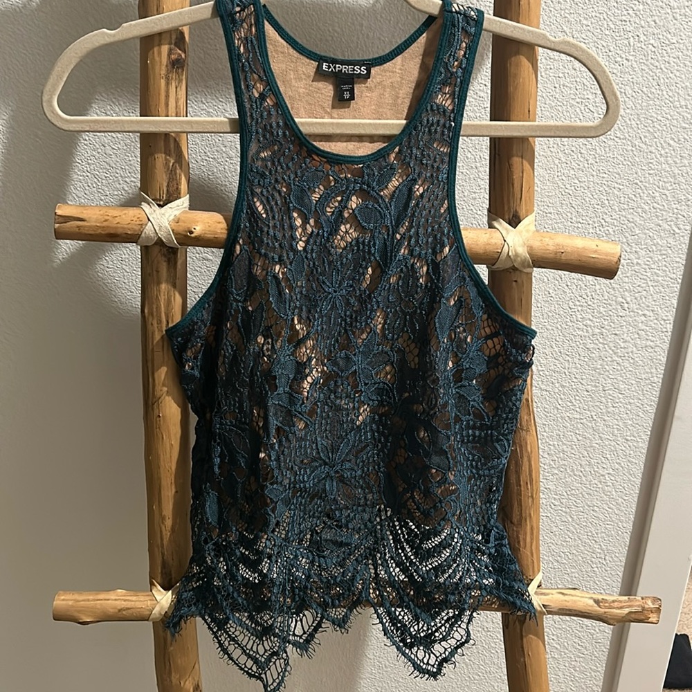 Express Green razor back lace tank top